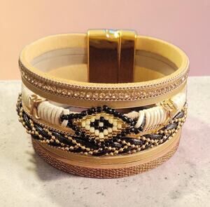 Boho Chic Multi Strand Wrap Bracelet Gold Black Beaded Magnetic Clasp New